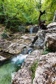 travel to Crimea - rapids on Ulu-Uzen river in Haphal Gorge of Habhal Hydrological Reserve natural park in Crimean Mountains in september