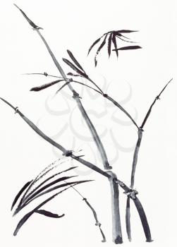 hand painting in sumi-e style on cream paper - bamboo plant drawn by black watercolors