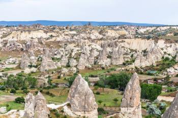 Travel to Turkey - valley in old mountains in Goreme National Park in Cappadocia in spring