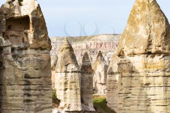 Travel to Turkey - many fairy chimney rocks in mountains of Goreme National Park in Cappadocia in spring
