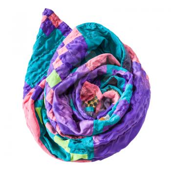 curled handmade stitched silk patchwork scarf isolated on white background