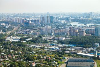 above view of Pavshinsky Floodplain (Pavshinskaya Poyma) district in Krasnogorsk town on waterfront of Moskva River in Moscow suburb in summer day