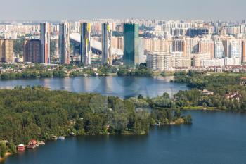 Above view of modern residential district Pavshinskaya Poyma in Krasnogorsk town on waterfront of Picturesque Bay of Moskva River in Moscow suburb