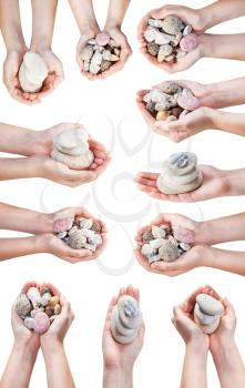 set of various hands with natural sea pebble stones isolated on white background