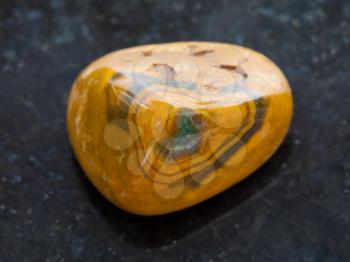 macro shooting of natural mineral rock specimen - tumbled Leopard Skin Jasper gemstone on dark granite background