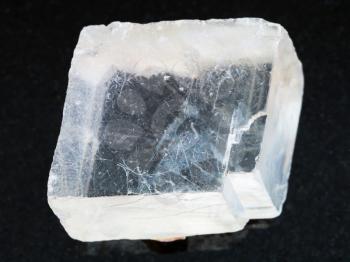 macro shooting of natural mineral rock specimen - raw crystal of Iceland spar gemstone on dark granite background from Krutoye, Evenkia in Krasnoyarsk region, Russia