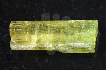 macro shooting of natural mineral rock specimen - raw crystal of Heliodor (yellow beryl) gemstone on dark granite background from Sherlovaya Gora mine, Transbaikalia (Zabaykalye), Russia