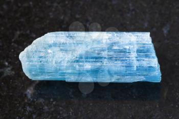 macro shooting of natural mineral rock specimen - rough crystal of aquamarine (blue beryl) gemstone on dark granite background from Sherlova Gora mine, Transbaikalia (Zabaykalye), Russia