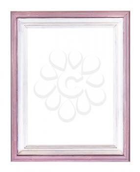 simple vertical pink and white painted wooden picture frame with cut out canvas isolated on white background