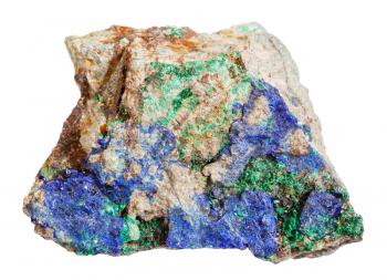 macro shooting of natural mineral rock specimen - blue Azurite and green Malachite on rough stone isolated on white background from Ural Mountains, Russia