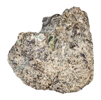 macro shooting of natural mineral rock specimen - rough peridotite stone with Phlogopite mica isolated on white background from Kovdor region, Kola Peninsula, Russia
