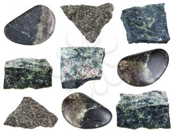 collection of natural mineral specimens - various Dunite (Olivinite) stones isolated on white background