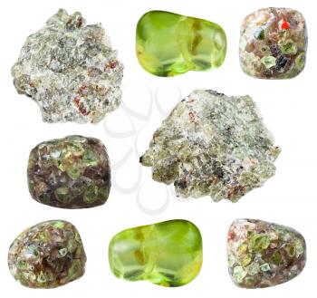collection of natural mineral specimens - various Peridot (Chrysolite, Olivine) gem stones isolated on white background