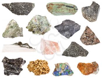 set of raw stones (normandite, chalcedony, azurite, malachite, dunite, quartz, xonotlite, gedrite, urtite, shungite shale, richterite, peridotite, olivine, dolerite, paragonite) isolated on white