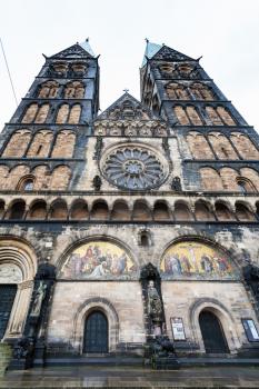 travel to Germany - front view of Bremen Cathedral (Bremer Dom, St Petri dom zu Bremen) in autumn rain