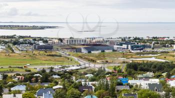 travel to Iceland - panoramic view of Reykjavik city and Atlantic ocean coast from Hallgrimskirkja church in september
