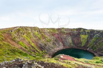 travel to Iceland - view of Kerid lake in volcanic crater in autumn evening