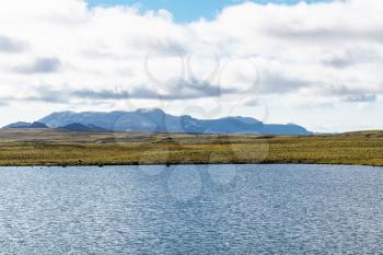 travel to Iceland - Leirvogsvatn lake in tundra landscape of Iceland in september day