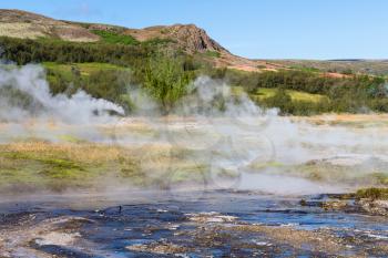 travel to Iceland - view of Haukadalur geyser valley in september