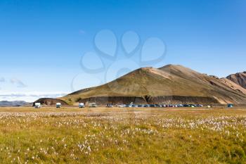 travel to Iceland - car parking in Landmannalaugar area of Fjallabak Nature Reserve in Highlands region of Iceland in september