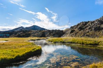 travel to Iceland - warm river in Landmannalaugar area of Fjallabak Nature Reserve in Highlands region of Iceland in september