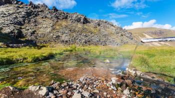 travel to Iceland - water from hot spring in Landmannalaugar area of Fjallabak Nature Reserve in Highlands region of Iceland in september