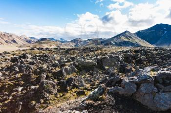 travel to Iceland - surface of Laugahraun volcanic lava field in Landmannalaugar area of Fjallabak Nature Reserve in Highlands region of Iceland in september