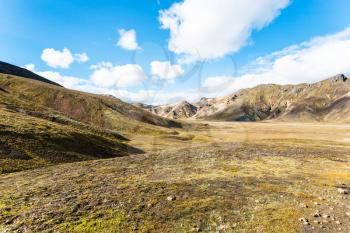 travel to Iceland - mountain slopes in Vondugil valley in Landmannalaugar area of Fjallabak Nature Reserve in Highlands region of Iceland in september