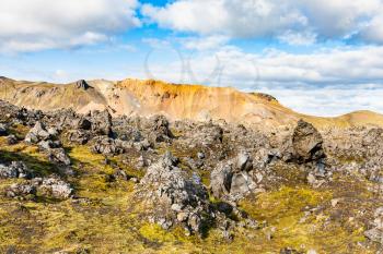travel to Iceland - scenic in Laugahraun volcanic lava field in Landmannalaugar area of Fjallabak Nature Reserve in Highlands region of Iceland in september