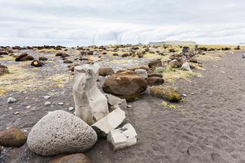 travel to Iceland - rocks and stones on Reynisfjara volcanic Beach near Vik I Myrdal village on Atlantic South Coast in Katla Geopark in autumn