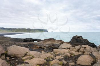 travel to Iceland - Atlantic ocean coast and black beach near Vik I Myrdal village on Atlantic South Coast in Katla Geopark in september