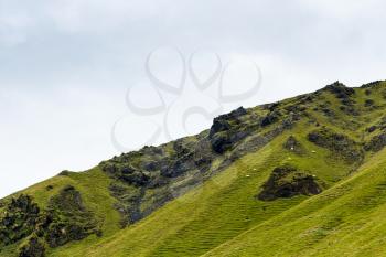 travel to Iceland - green mountain slope with icelandic sheep in Iceland, near Vik I Myrdal village on Atlantic South Coast in Katla Geopark in september