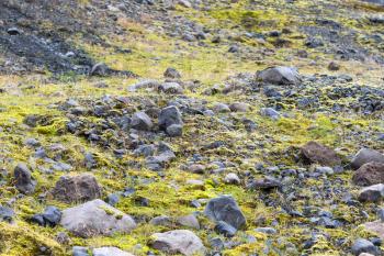 travel to Iceland - pumice stones along bed of Solheimajokull glacier (South glacial tongue of Myrdalsjokull ice cap) in Katla Geopark on Icelandic Atlantic South Coast in september