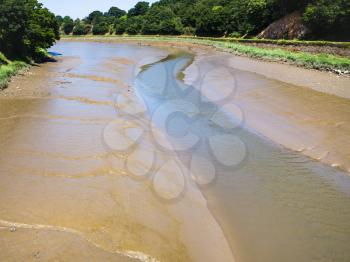 travel to France - muddy riverbank of Jaudy river in Cotes-d'Armor department of Brittany in sunny summer day