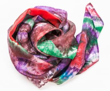 crumpled hand painted batik silk headscarf with abstract pattern on white background