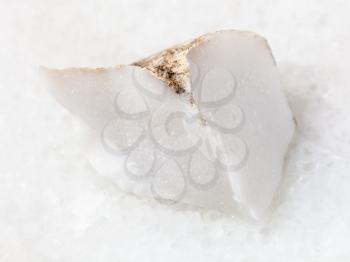 macro shooting of natural mineral rock specimen - rough cacholong (white opal) stone on white marble background from Kazakhstan