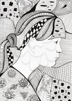 styled black and white portrait of girl with abstract background ornament by felt-tip pen on white paper