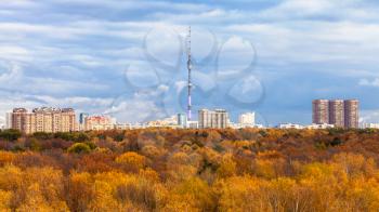 panoramic view of urban Timiryazevskiy park and Ostankino TV tower in Moscow city in autumn