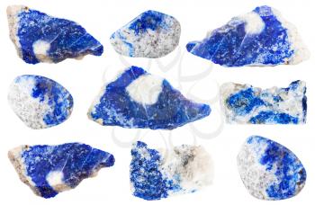 collection of various raw and tumbled natural mineral stone Lapis Lazuli (Lazurite) isolated on white background