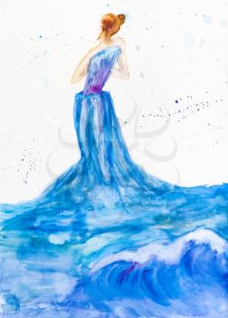 hand painted woman in blue evening dress from ocean wave and water drawn by watercolors on white paper