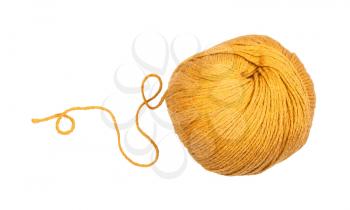 skein of yellow yarn with unwound tail isolated on white background