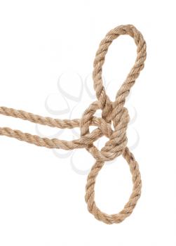 Handcuff knot tied on thick jute rope isolated on white background