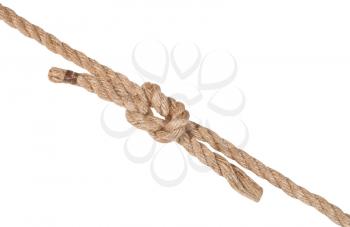 reef knot joining two ropes isolated on white background