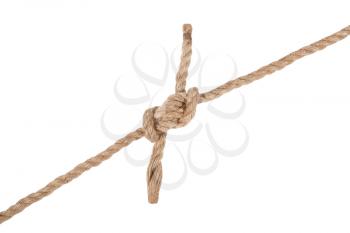 another side of hunter's bend knot joining two ropes isolated on white background
