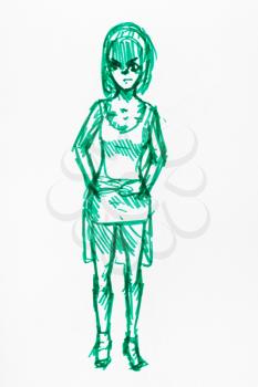 sketch of young woman in short dress hand-drawn by green felt pens on white paper