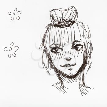 sketch of teen head with bun hairstyle hand-drawn by black ink on white paper