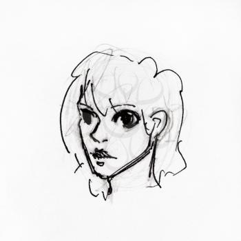 portrait of young woman with large eyes hand-drawn by black pencil and ink on white paper