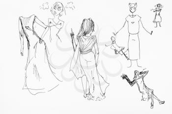 sketches of female figures in long dresses hand-drawn by black ink on white paper
