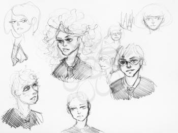 sketches of various girls and boys hand-drawn by black pencil on white paper