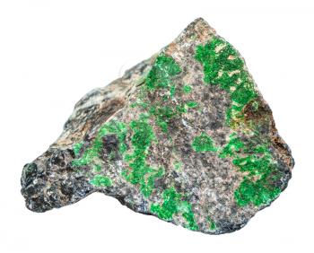 macro shooting of natural mineral - green Uvarovite crystals on raw Chromite stone isolated on white backgroung from Ural Mountains
